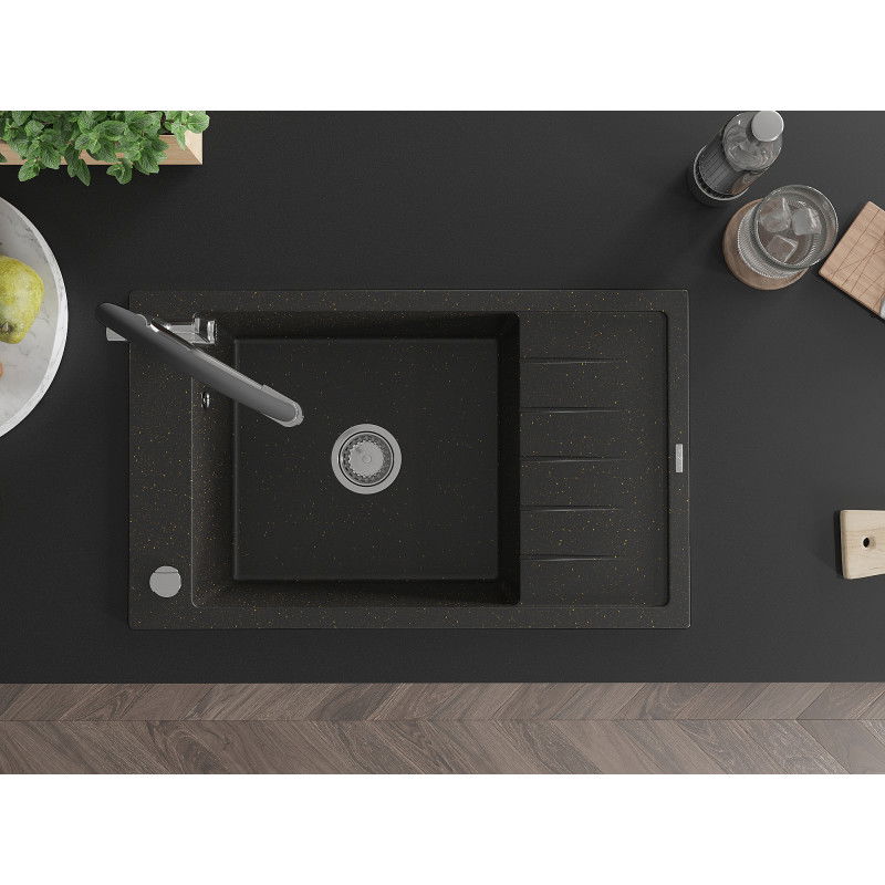 Mexen Elias vieno dubens granito kriauklė su nutekamuoju padėklu ir Duo virtuviniu maišytuvu, juoda/auksinis metalikas