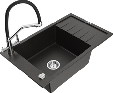 Mexen Elias vieno dubens granito kriauklė su nutekamuoju padėklu ir Duo virtuviniu maišytuvu, juoda/auksinis metalikas