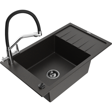 Mexen Elias granitinė 1 skyrelio plautuvė su nusausintuvu ir virtuviniu maišytuvu Duo, juodas/auksinis metalikas