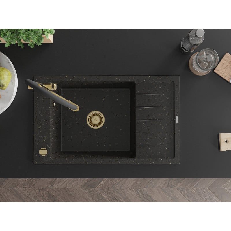 Mexen Elias granitinė vienos kameros plautuvė su nutekamu ir Duo virtuves maišytuvu, juodas/auksinis metalikas