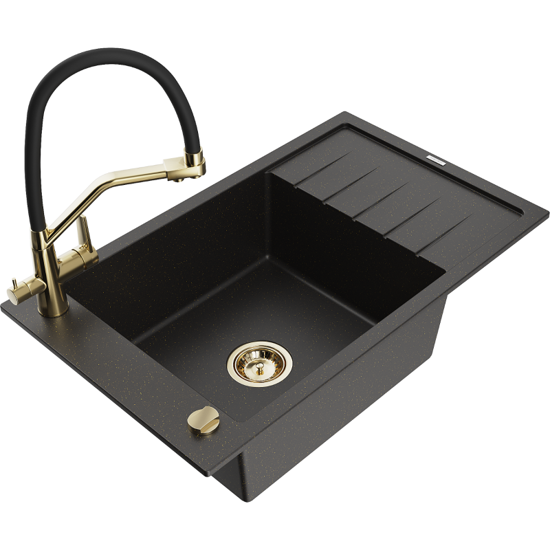 Mexen Elias granitinė vienos kameros plautuvė su nutekamu ir Duo virtuves maišytuvu, juodas/auksinis metalikas