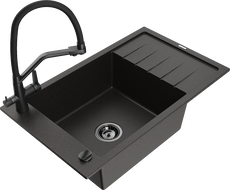 Mexen Elias vieno dubens granitinė kriauklė su nuvarvėjimu ir virtuviniu maišytuvu Duo, juodas/auksinis metalikas