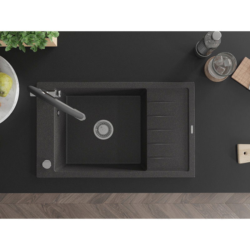 Mexen Elias vienos komoros granitinis plautuvė su nusausintuvu ir Duo virtuvės maišytuvu, juodas taškuotas - 6511-76-671701-07