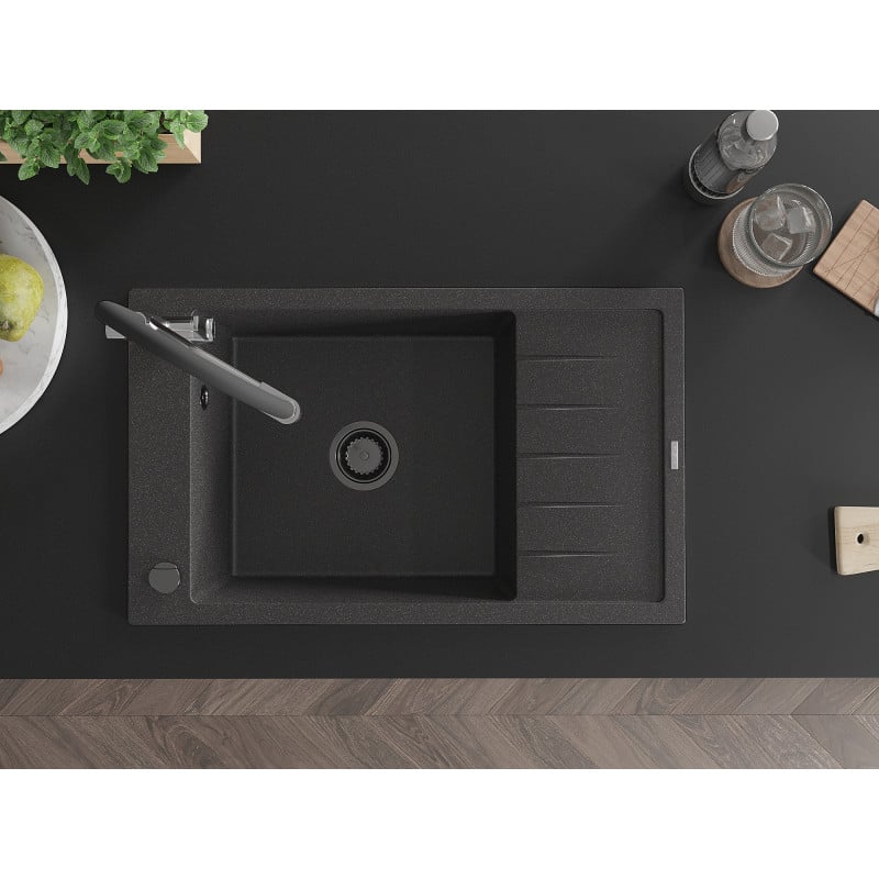 Mexen Elias granitinė vienos kameros kriauklė su drenažu ir Duo virtuviniu maišytuvu, juoda su taškeliais