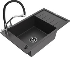 Mexen Elias granitinė vienos kameros kriauklė su drenažu ir Duo virtuviniu maišytuvu, juoda su taškeliais