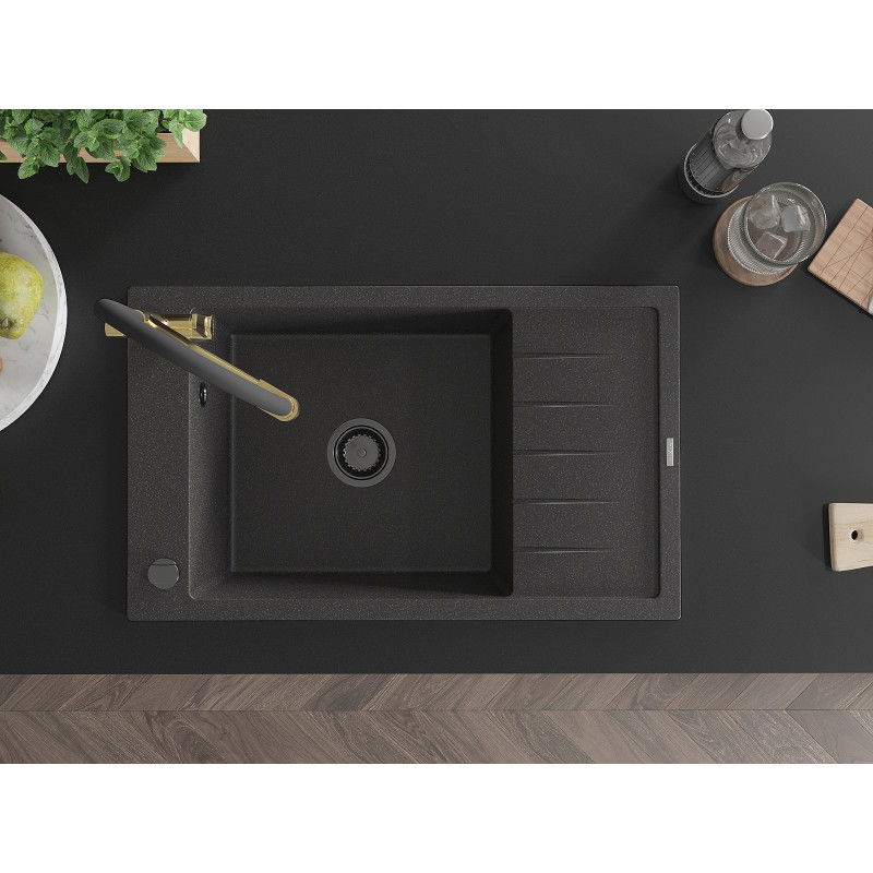 Mexen Elias granitinis kriauklė vienos kameros su nutekamu ir virtuviniu maišytuvu Duo, juoda dėmėta - 6511-76-671701-57-B
