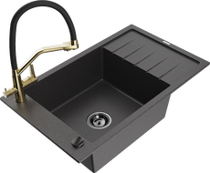 Mexen Elias granitinis kriauklė vienos kameros su nutekamu ir virtuviniu maišytuvu Duo, juoda dėmėta - 6511-76-671701-57-B