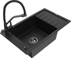 Mexen Elias vienos dubens akmens masės kriauklė su nutekėjimo stalu ir virtuvės maišytuvu Duo, juoda - 6511-77-671701-70-B