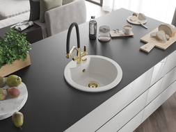 Mexen Diego granitinė vienos plautuvės kriauklė su Duo virtuviniu maišytuvu, balta - 6512-20-671701-57-G