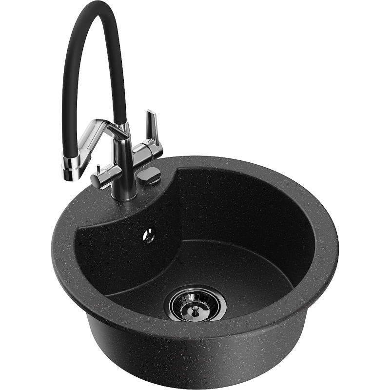 Mexen Diego granitinė 1 skyriuje plautuvė su Duo virtuvės maišytuvu, juoda/sidabrinis metalinis - 6512-73-671701-07-B