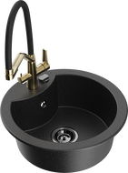 Mexen Diego granito plautuvė 1-dubenėlis su Duo virtuvės maišytuvu, juoda/sidabrinė metalinė - 6512-73-671701-57-B