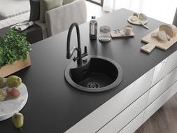 Mexen Diego 1 skyriuje granitinė plautuvė su Duo virtuviniu maišytuvu, juoda/sidabrinė metalikas - 6512-73-671701-70-B