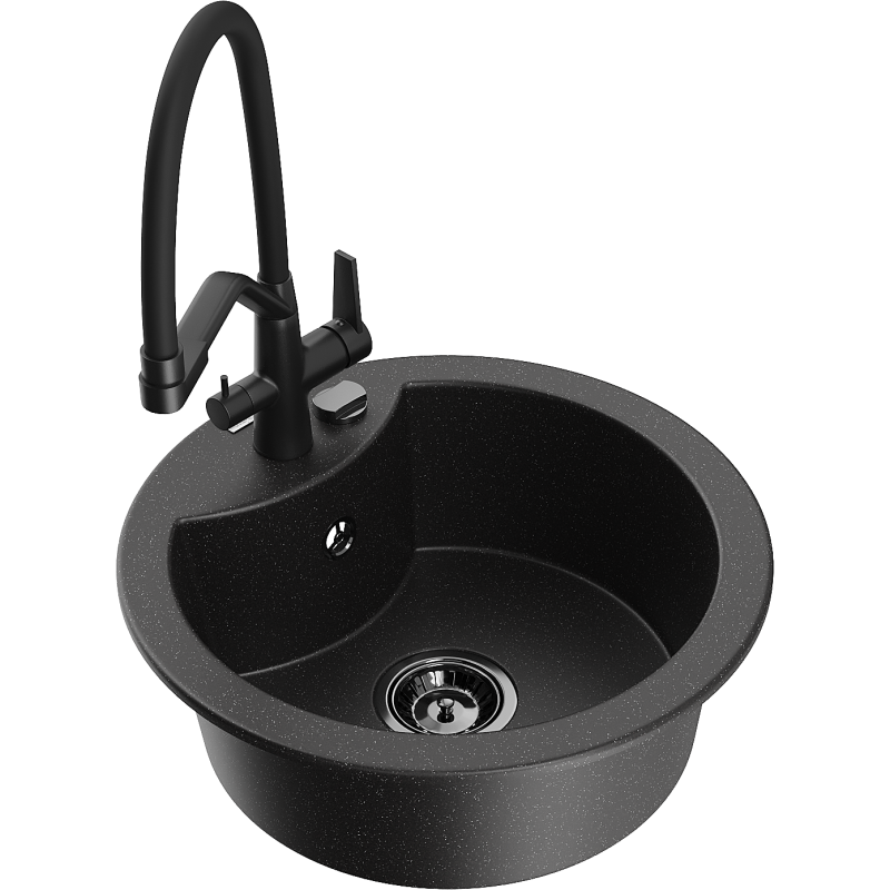 Mexen Diego 1 skyriuje granitinė plautuvė su Duo virtuviniu maišytuvu, juoda/sidabrinė metalikas - 6512-73-671701-70-B