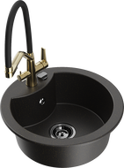 Mexen Diego granitinė vienos kameros kriauklė su virtuviniu maišytuvu Duo, juoda/auksinė metalo spalva - 6512-75-671701-57-B