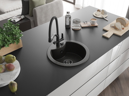 Mexen Diego vienos sekcijos granitinė virtuvinė plautuvė su Duo maišytuvu, juodas/auksinio metalo - 6512-75-671701-70-B