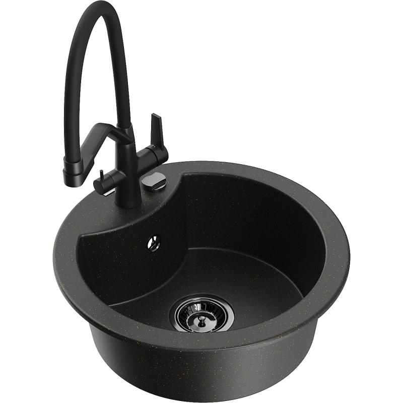 Mexen Diego vienos sekcijos granitinė virtuvinė plautuvė su Duo maišytuvu, juodas/auksinio metalo - 6512-75-671701-70-B