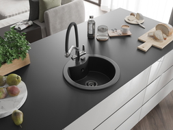 Mexen Diego granitinė vienos kameros virtuvės kriauklė su Duo maišytuvu, juoda - 6512-77-671701-07-B