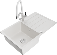 Mexen Bruno granito plautuvė su vienu skyriumi ir drenažu bei virtuviniu maišytuvu Duo, balta - 6513-20-671701-02