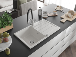 Mexen Bruno vienos kameros granito plautuvė su nusausintuvu ir Duo virtuvės maišytuvu, balta - 6513-20-671701-07