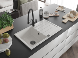 Mexen Bruno vienos plautuvės granitinė virtuvinė kriauklė su nusausintuvu ir virtuviniu maišytuvu Duo, baltas