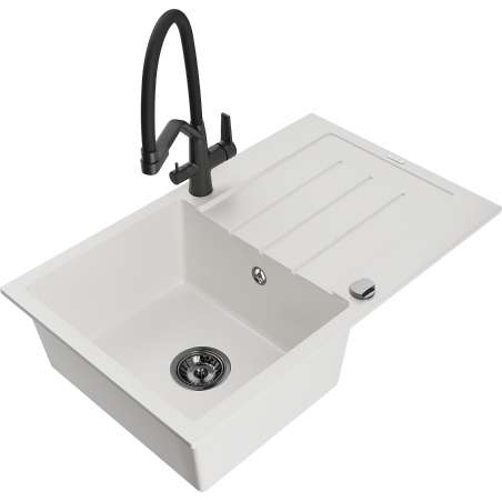 Mexen Bruno vienos plautuvės granitinė virtuvinė kriauklė su nusausintuvu ir virtuviniu maišytuvu Duo, baltas