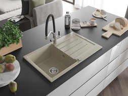 Mexen Bruno vienos kriauklės granito plautuvė su nutekėjimu ir virtuvės maišytuvu Duo, smėlio spalvos - 6513-69-671701-07