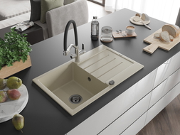 Mexen Bruno granitinė vienos kameros kriauklė su nusausintuvu ir Duo virtuviniu maišytuvu, smėlio spalvos