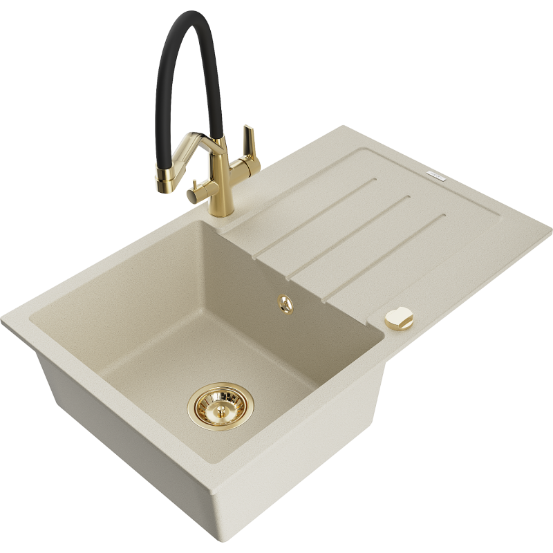 Mexen Bruno granitinė virtuvės kriauklė su viena anga be išbėgimo ir virtuviniu maišytuvu Duo, smėlio spalvos