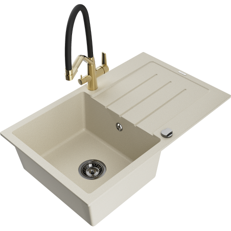 Mexen Bruno granitinė vienos kameros plautuvė su nutekamuoju paviršiumi ir Duo virtuviniu maišytuvu, smėlinė