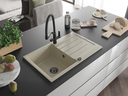 Mexen Bruno granito plautuvė 1 skyrius su nutekėjimu ir Duo virtuvės maišytuvu, smėlio spalvos - 6513-69-671701-70-B