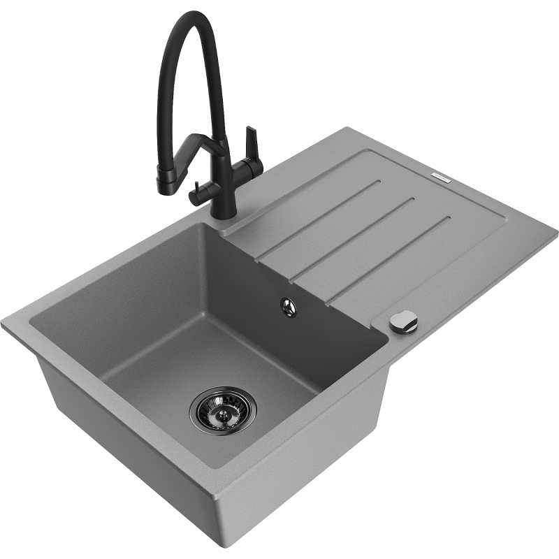Mexen Bruno granitinė virtuvės plautuvė su vienu dubeniu, nusausinimo zona ir virtuviniu maišytuvu Duo, pilka
