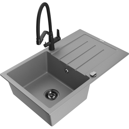 Mexen Bruno granitinė virtuvės plautuvė su vienu dubeniu, nusausinimo zona ir virtuviniu maišytuvu Duo, pilka
