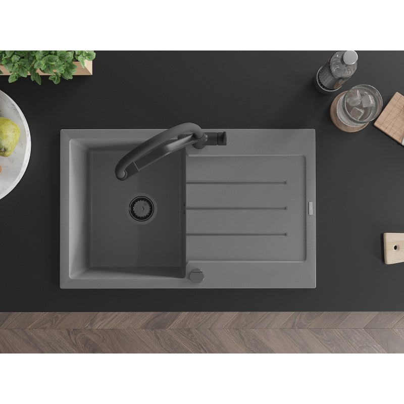 Mexen Bruno granitinė virtuvės plautuvė su vienu dubeniu, nusausinimo zona ir virtuviniu maišytuvu Duo, pilka