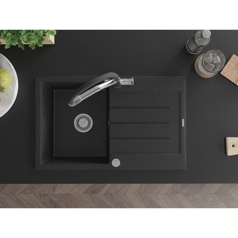 Mexen Bruno granitinė vienos kameros plautuvė su nuvarvėjimo lentynėle ir Duo virtuviniu maišytuvu, juodas/sidabrinis