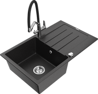 Mexen Bruno granitinė vienos kameros plautuvė su nuvarvėjimo lentynėle ir Duo virtuviniu maišytuvu, juodas/sidabrinis