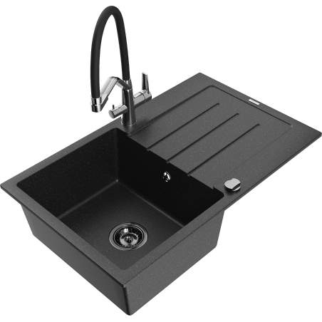 Mexen Bruno granitinė vienos kameros plautuvė su nusausinimo stelažu ir virtuviniu maišytuvu Duo, juodos/sidabrinės metalo