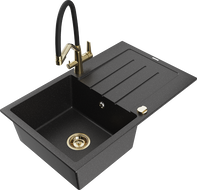 Mexen Bruno granitinė vienos kameros kriauklė su nuvarvėtoju ir virtuviniu maišytuvu Duo, juoda/sidabrinė metalik