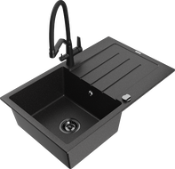 Mexen Bruno granitinė vienos kameros kriauklė su nutekėjimu ir Duo virtuviniu maišytuvu, juodos/sidabrinės metalo spalvos