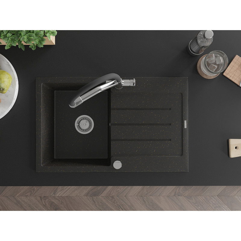 Mexen Bruno granitinė vienos plautuvės kriauklė su nusausintuvu ir virtuviniu maišytuvu Duo, juoda/auksinė metalo spalva