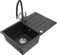 Mexen Bruno granitinė vienos plautuvės kriauklė su nusausintuvu ir virtuviniu maišytuvu Duo, juoda/auksinė metalo spalva