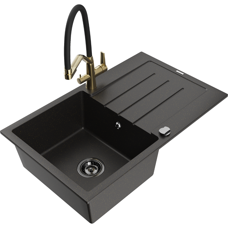 Mexen Bruno granitinė vienos kameros plautuvė su džiovykla ir virtuviniu maišytuvu Duo, juoda/auksinis metalikas