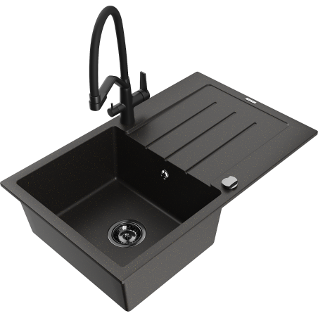 Mexen Bruno 1 dubens granitinė plautuvė su varvėtu ir Duo virtuvės maišytuvu, juoda/auksinė metalo spalva