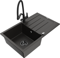 Mexen Bruno 1 dubens granitinė plautuvė su varvėtu ir Duo virtuvės maišytuvu, juoda/auksinė metalo spalva