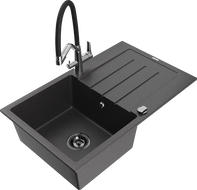 Mexen Bruno granitinė vienos komoros plautuvė su nutekėjimu ir virtuviniu maišytuvu Duo, juoda su taškeliais