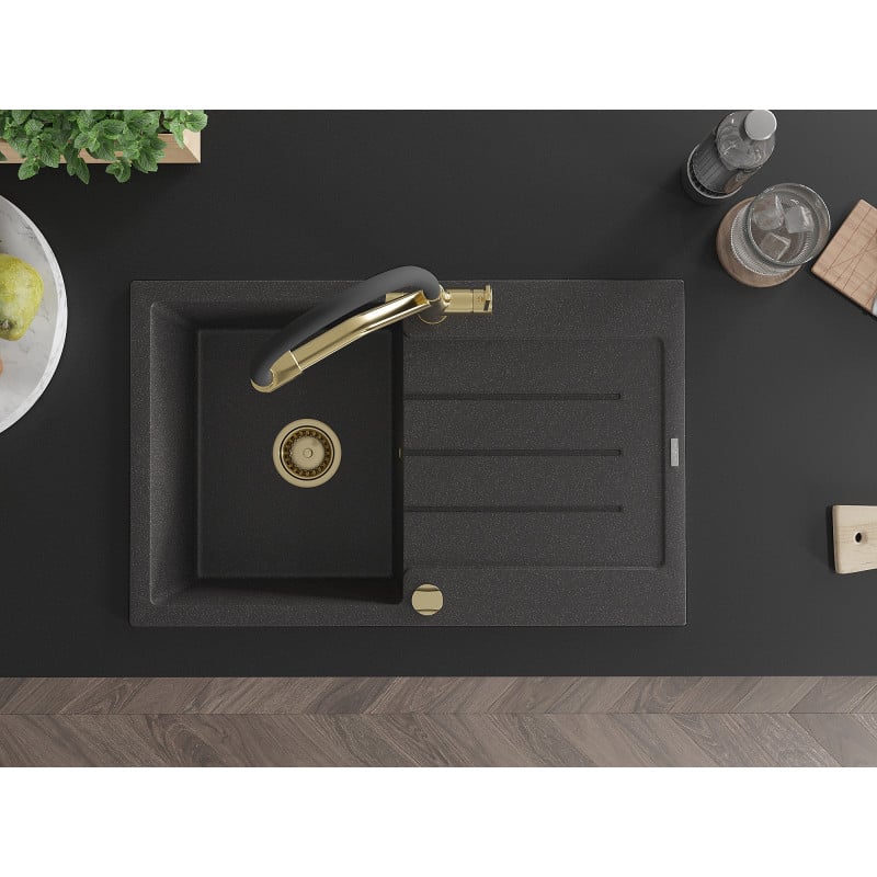 Mexen Bruno granitinė plautuvė su viena kamera ir nutekėjimo zona bei virtuviniu maišytuvu Duo, juoda su taškeliais