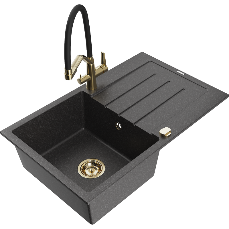 Mexen Bruno granitinė plautuvė su viena kamera ir nutekėjimo zona bei virtuviniu maišytuvu Duo, juoda su taškeliais