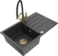 Mexen Bruno granitinė plautuvė su viena kamera ir nutekėjimo zona bei virtuviniu maišytuvu Duo, juoda su taškeliais