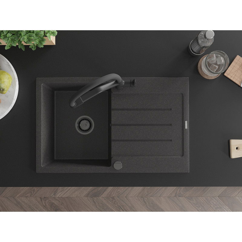 Mexen Bruno granitinė plautuvė 1 skyrelio su nusausinimo vieta ir virtuvės maišytuvu Duo, juoda taškuota - 6513-76-671701-70-B