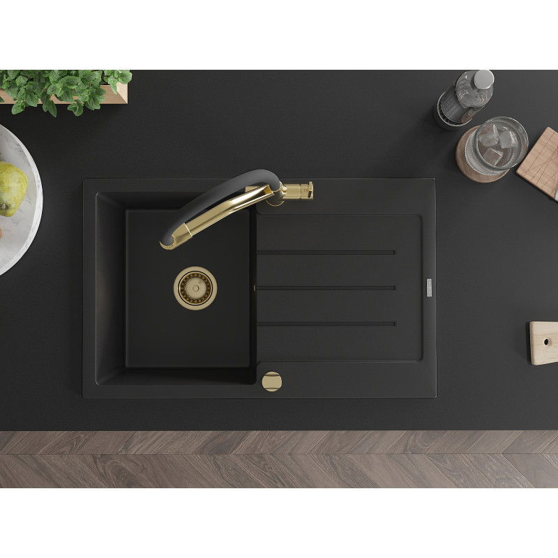 Mexen Bruno vienos komoros granitinė plautuvė su drenažu ir virtuviniu maišytuvu Duo, juodas - 6513-77-671701-57-G
