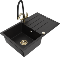 Mexen Bruno vienos komoros granitinė plautuvė su drenažu ir virtuviniu maišytuvu Duo, juodas - 6513-77-671701-57-G